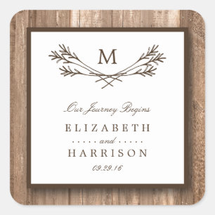 Country Rustic Monogram Branch & Wood Wedding Quadratischer Aufkleber