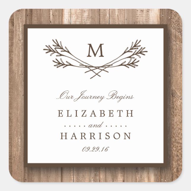 Country Rustic Monogram Branch & Wood Wedding Quadratischer Aufkleber (Vorderseite)