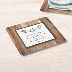 Country Rustic Monogram Branch & Wood Wedding Rechteckiger Pappuntersetzer