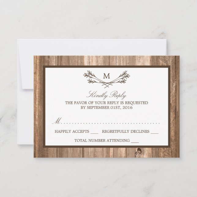 Country Rustic Monogram Branch & Wood Wedding RSVP (Vorderseite)