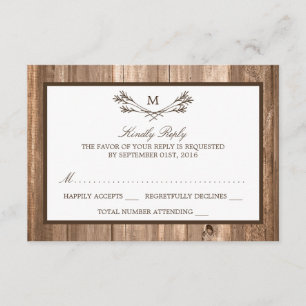 Country Rustic Monogram Branch & Wood Wedding RSVP Karte