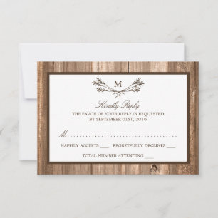 Country Rustic Monogram Branch & Wood Wedding RSVP Karte