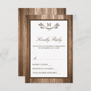 Country Rustic Monogram Branch & Wood Wedding RSVP Karte