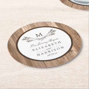 Country Rustic Monogram Branch & Wood Wedding Runder Pappuntersetzer