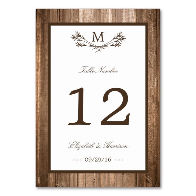 Country Rustic Monogram Branch & Wood Wedding Tischnummer (Vorderseite)
