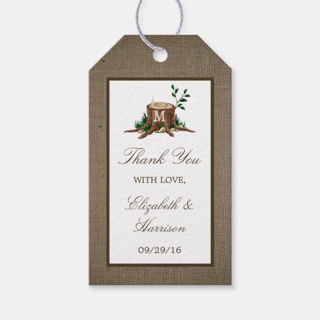 Country Rustic Monogram Tree & Burlap Wedding Geschenkanhänger (Vorderseite)