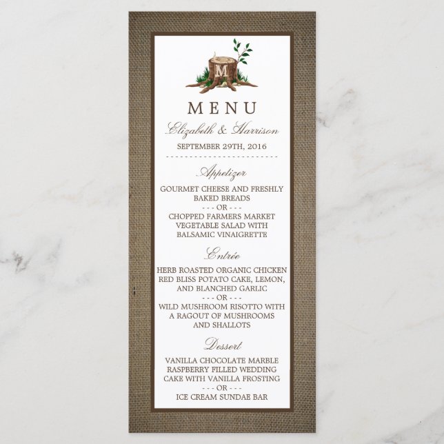 Country Rustic Monogram Tree & Burlap Wedding Menu Menükarte (Vorderseite)