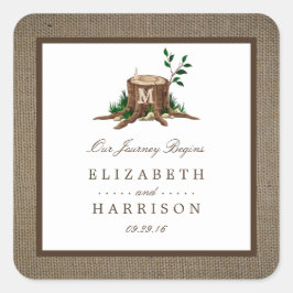 Country Rustic Monogram Tree & Burlap Wedding Quadratischer Aufkleber