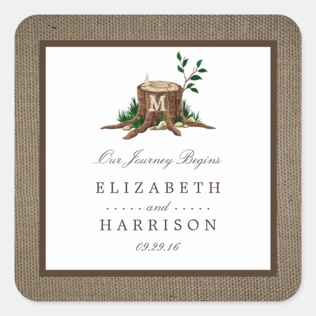 Country Rustic Monogram Tree & Burlap Wedding Quadratischer Aufkleber (Vorderseite)