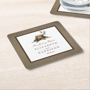 Country Rustic Monogram Tree & Burlap Wedding Rechteckiger Pappuntersetzer