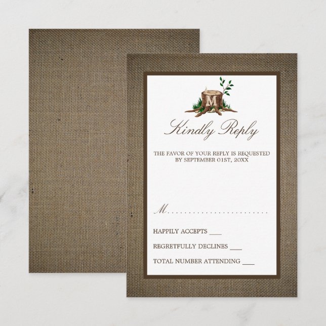 Country Rustic Monogram Tree & Burlap Wedding RSVP Karte (Vorne/Hinten)