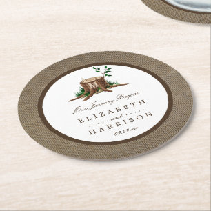 Country Rustic Monogram Tree & Burlap Wedding Runder Pappuntersetzer