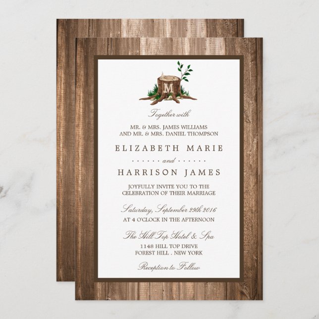 Country Rustic Monogram Tree & Wood Wedding Einladung (Vorne/Hinten)