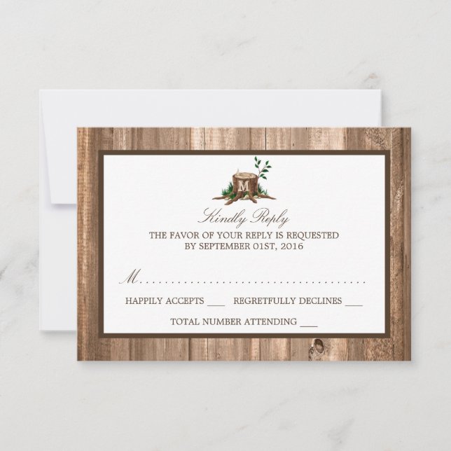 Country Rustic Monogram Tree & Wood Wedding RSVP Karte (Vorderseite)