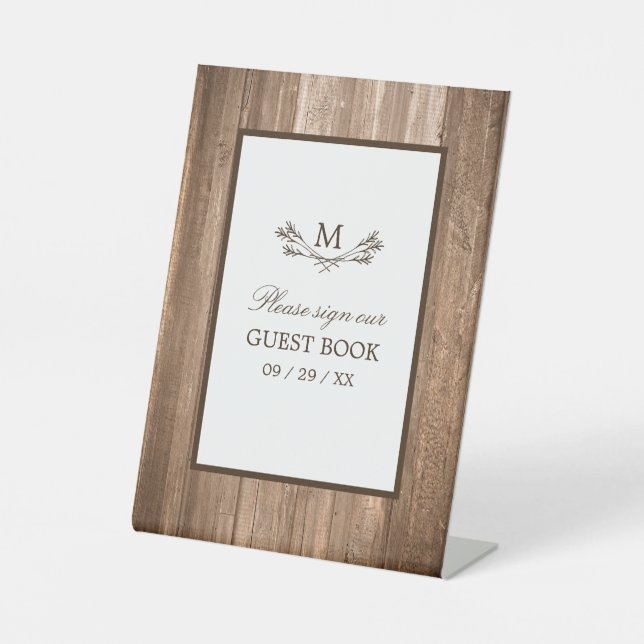 Country Rustic Monogram Tree & Wood Wedding Sockelschild (Vorderseite)