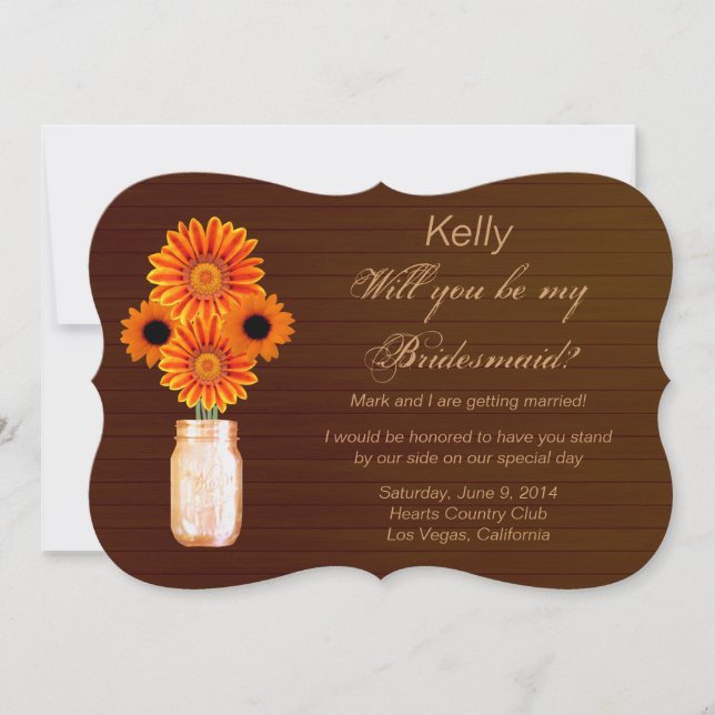 Country Rustic Orange Mason Jar Bridesmaid Card Einladung (Vorderseite)