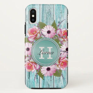 Country Rustic PInk Flora Barn Wood Monogramm Case-Mate iPhone Hülle