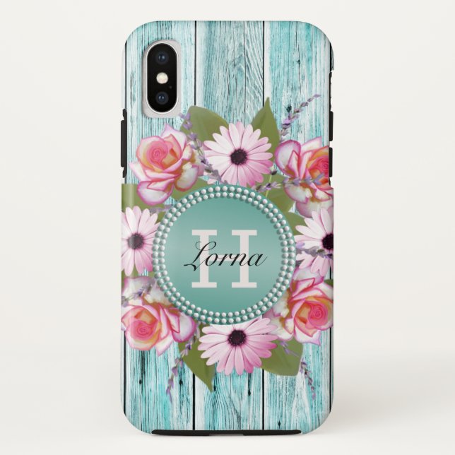 Country Rustic PInk Flora Barn Wood Monogramm Case-Mate iPhone Hülle (Rückseite)