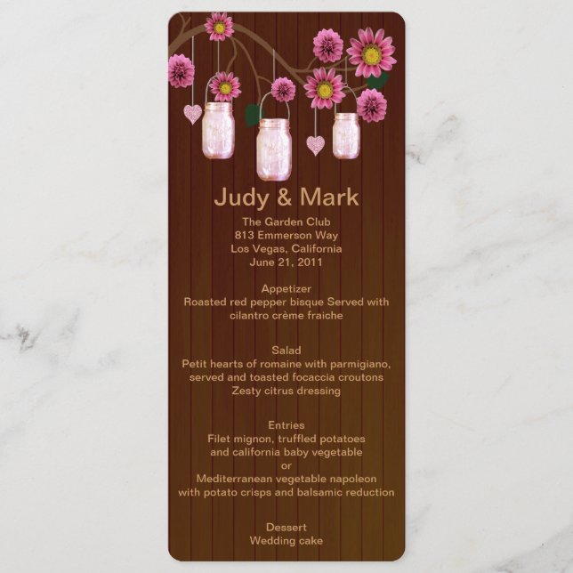Country Rustic Pink Mason Jars Wedding Menu Card Menükarte (Vorderseite)