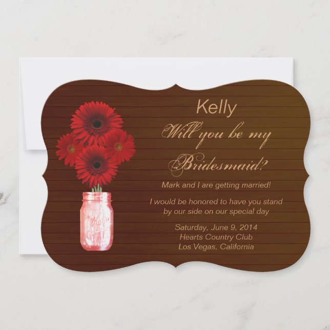 Country Rustic Red Mason Jar Bridesmaid Card Einladung (Vorderseite)