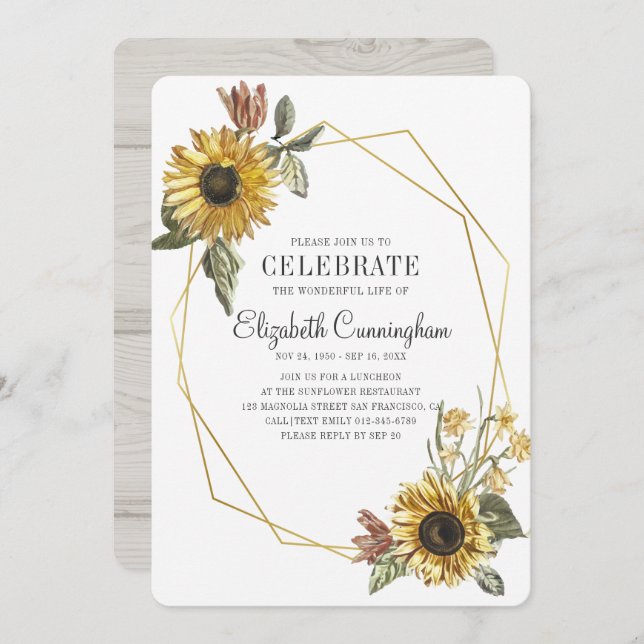 Country Rustic Sonnenblume Floral Geometric Memori Einladung (Vorne/Hinten)