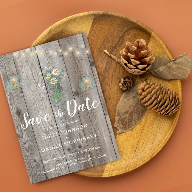 Country Rustic String Lights Jars Wildblume Holz Save The Date (Country Rustic String Lights Jars Wildflower Wood Save The Date)