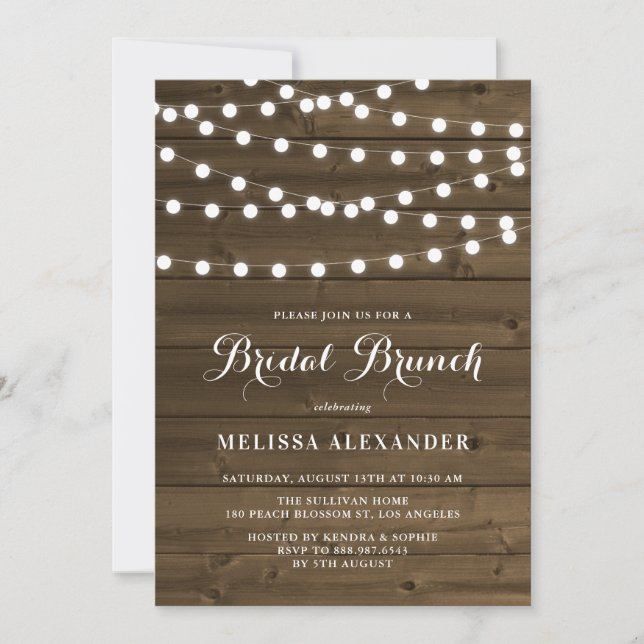 Country Rustic String Lights Wood Bridal Brunch Einladung (Vorderseite)