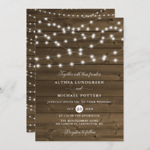 Country Rustic String Lights Wood Wedding Einladung