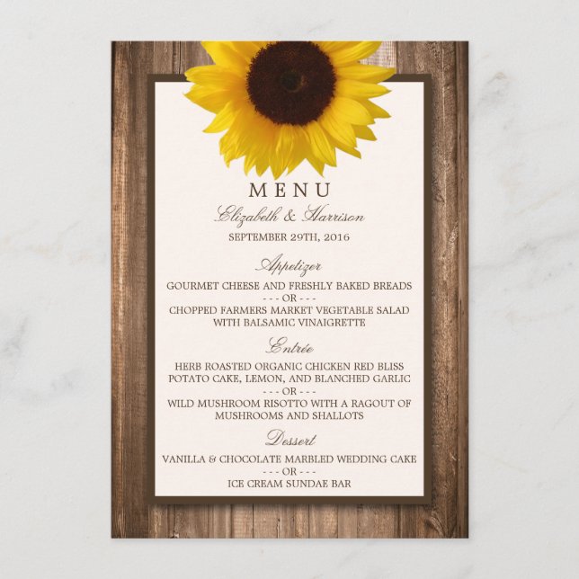 Country Rustic Sunflower & Brown Wood Wedding Menü Menükarte (Vorderseite)
