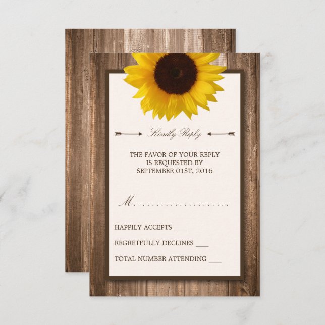 Country Rustic Sunflower & Brown Wood Wedding RSVP (Vorne/Hinten)