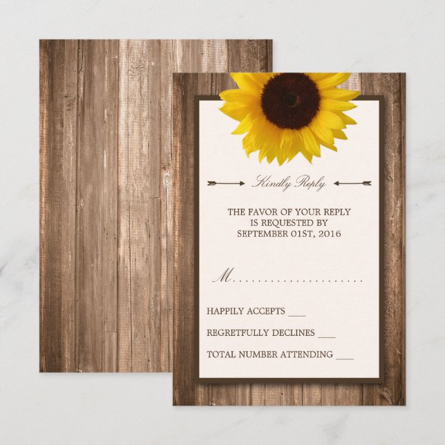 Country Rustic Sunflower & Brown Wood Wedding RSVP Karte (Vorne/Hinten)