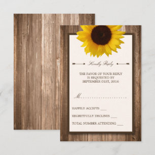 Country Rustic Sunflower & Brown Wood Wedding RSVP Karte