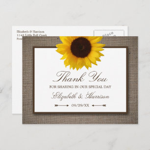Country Rustic Sunflower & Burlap Vielen Dank Postkarte