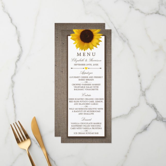 Country Rustic Sunflower & Burlap Wedding Menü Menükarte (Vorderseite/Rückseite Beispiel)