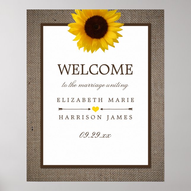 Country Rustic Sunflower & Burlap Wedding Willkomm Poster (Vorne)