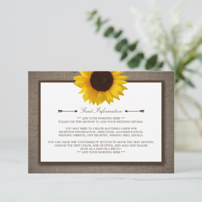 Country Rustic Sunflower & Burlap Wedge Begleitkarte (Stehend Vorderseite)