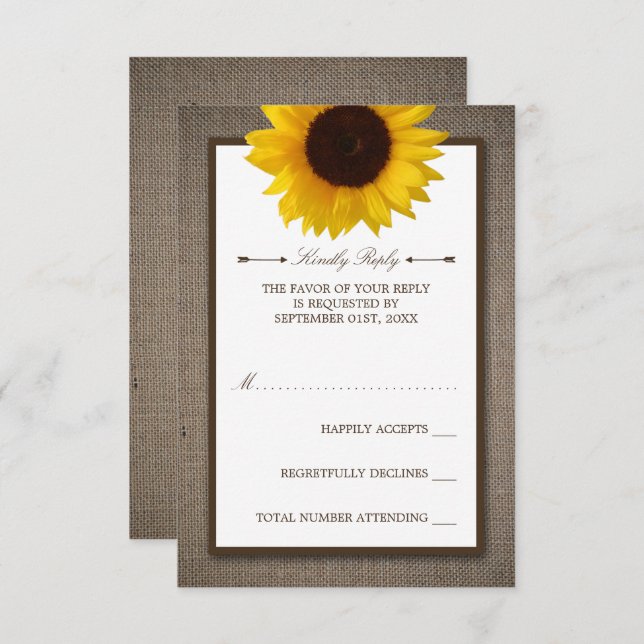 Country Rustic Sunflower & Burlap Wedge RSVP Karte (Vorne/Hinten)