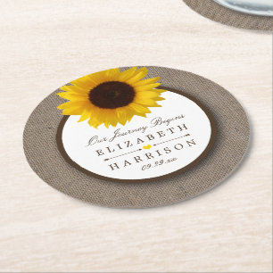 Country Rustic Sunflower & Burlap Wedge Runder Pappuntersetzer