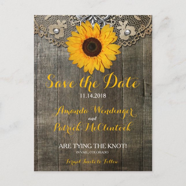Country Rustic Sunflower Lace Rett Date Postcard Ankündigungspostkarte (Vorderseite)