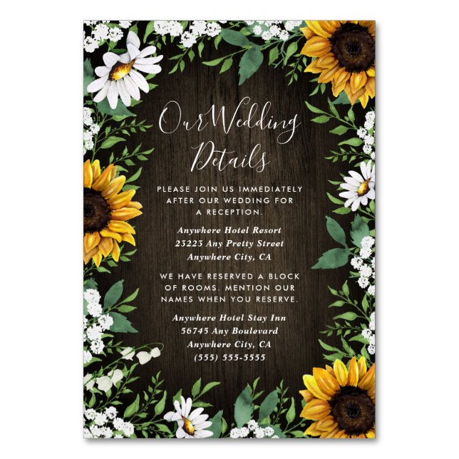 Country Rustic Sunflower Wedelkarten Tischnummer (Vorderseite)