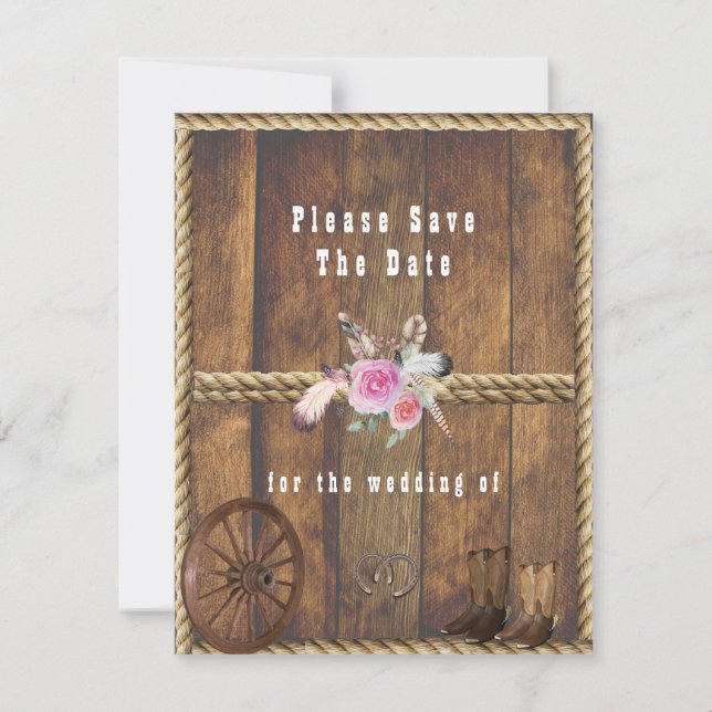Country Rustic Wedding Rose Pferdeschuhe Rope Save The Date (Vorderseite)