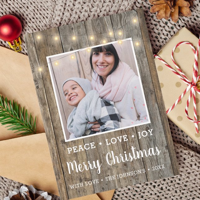 Country Rustic Wood Lights Foto Feiertagskarte (Country Rustic Wood Lights Photo Holiday Card)