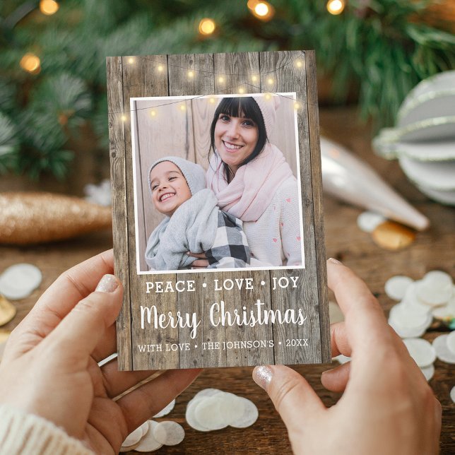 Country Rustic Wood Lights Foto Frohe Weihnachten (Country Rustic Wood Lights Photo Merry Christmas Holiday Card)