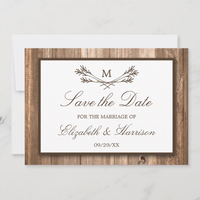 Country Rustic Wood Monogram Branch Save the Date (Vorderseite)