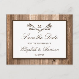 Country Rustic Wood Monogram Branch Save the Date Ankündigungspostkarte