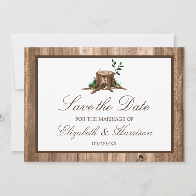 Country Rustic Wood Monogram Tree Save the Date (Vorderseite)