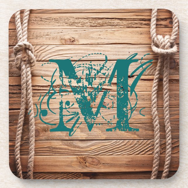 Country Rustic Wood Rope Monogram Drink Untersetze Getränkeuntersetzer (Vorderseite)