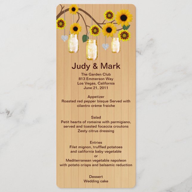 Country Rustic Yellow Mason Jars Wedding Menu Card Menükarte (Vorderseite)