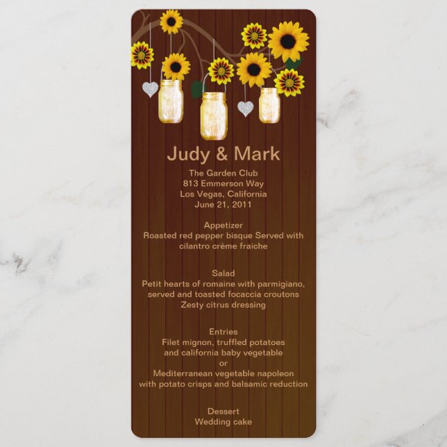 Country Rustic Yellow Mason Jars Wedding Menu Card Menükarte (Vorderseite)