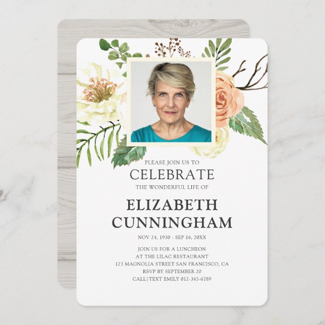 Country Rustico Florals Foto Memorial Einladung (Vorne/Hinten)